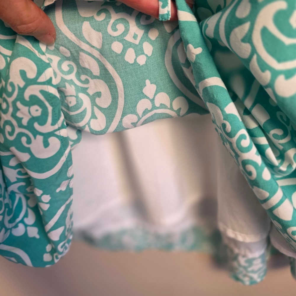 Crown & Ivy Dress Womens 10P Turquoise White Damask Cotton 3/4 Sleeve Pockets - Picture 6 of 13